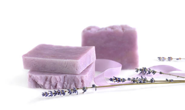 istock Handmade lavender bars of soap on white 1168579308
