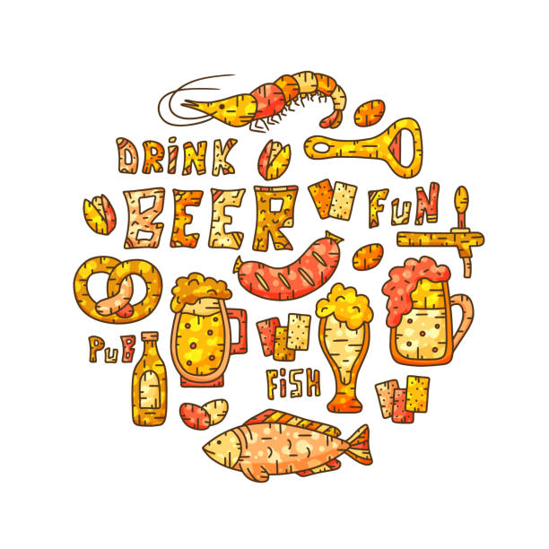 bier-illustration. farbe doodle verschiedene elemente in runde - pistachio beer nuts nut backgrounds stock-grafiken, -clipart, -cartoons und -symbole