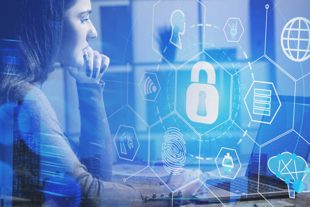 istock Businesswoman in office, cyber security interface 1168581114