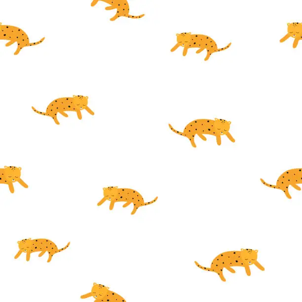 Vector illustration of Cute leopard yellow and white seamless pattern. Vector hand drawn illustration. Nursery background for kids room, clothes or paper design. Sketch style minimalistic illustration.