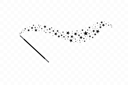 Magic wand with a stars. Trace of black dust. Magic abstract background isolated on transparent background. Miracle and magic. Vector illustration flat design
