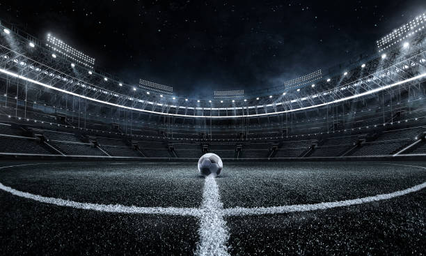 fondos deportivos. estadio de fútbol. balón de fútbol en el estadio. cartel de fútbol. - football fotografías e imágenes de stock
