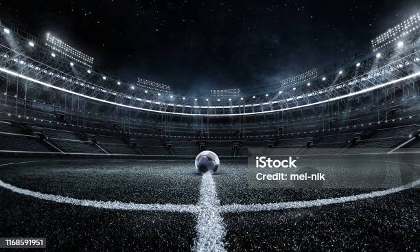 Sport Backgrounds Soccer Stadium Soccer Ball On Stadium Football Poster Stock Photo - Download Image Now