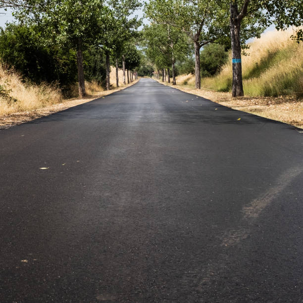estrada secundária vazia sem linhas de divisão. o asfalto está molhado desde que parou de chover. - road smoothing - fotografias e filmes do acervo