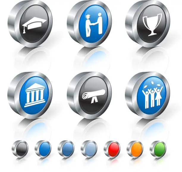 Vector illustration of Six round, black and blue 3D icons with graduation theme. 