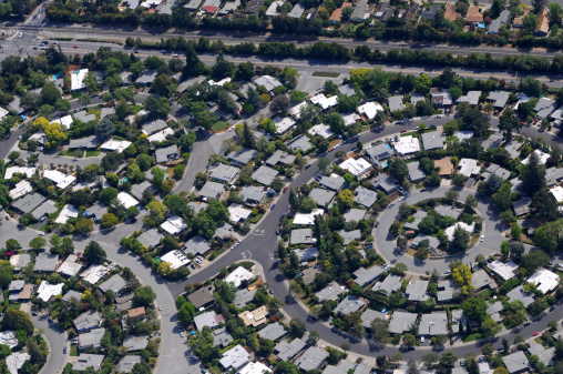 Neighborhood laid out in a circular pattern. Palo Alto, California, USA.
