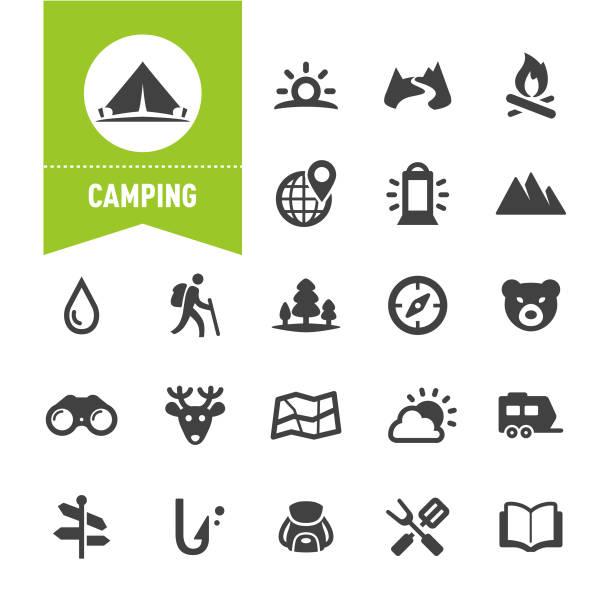 ilustrações de stock, clip art, desenhos animados e ícones de camping icons - special series - compass hiking map hiking boot