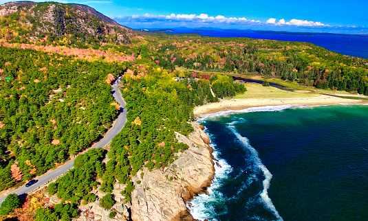 Aerial view of Acadia National Park in foliage season, Maine.