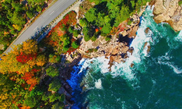 紅葉シーズンのアカディア国立公園の航空写真、メイン州 - maine landscape new england forest ストックフォトと画像