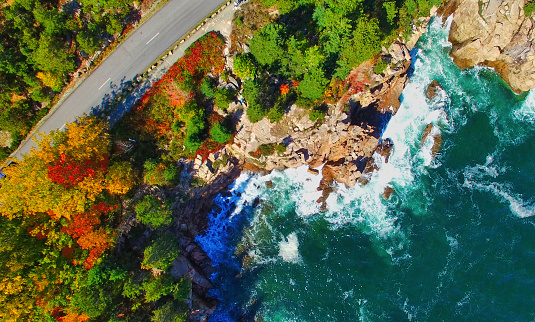 Aerial view of Acadia National Park in foliage season, Maine.