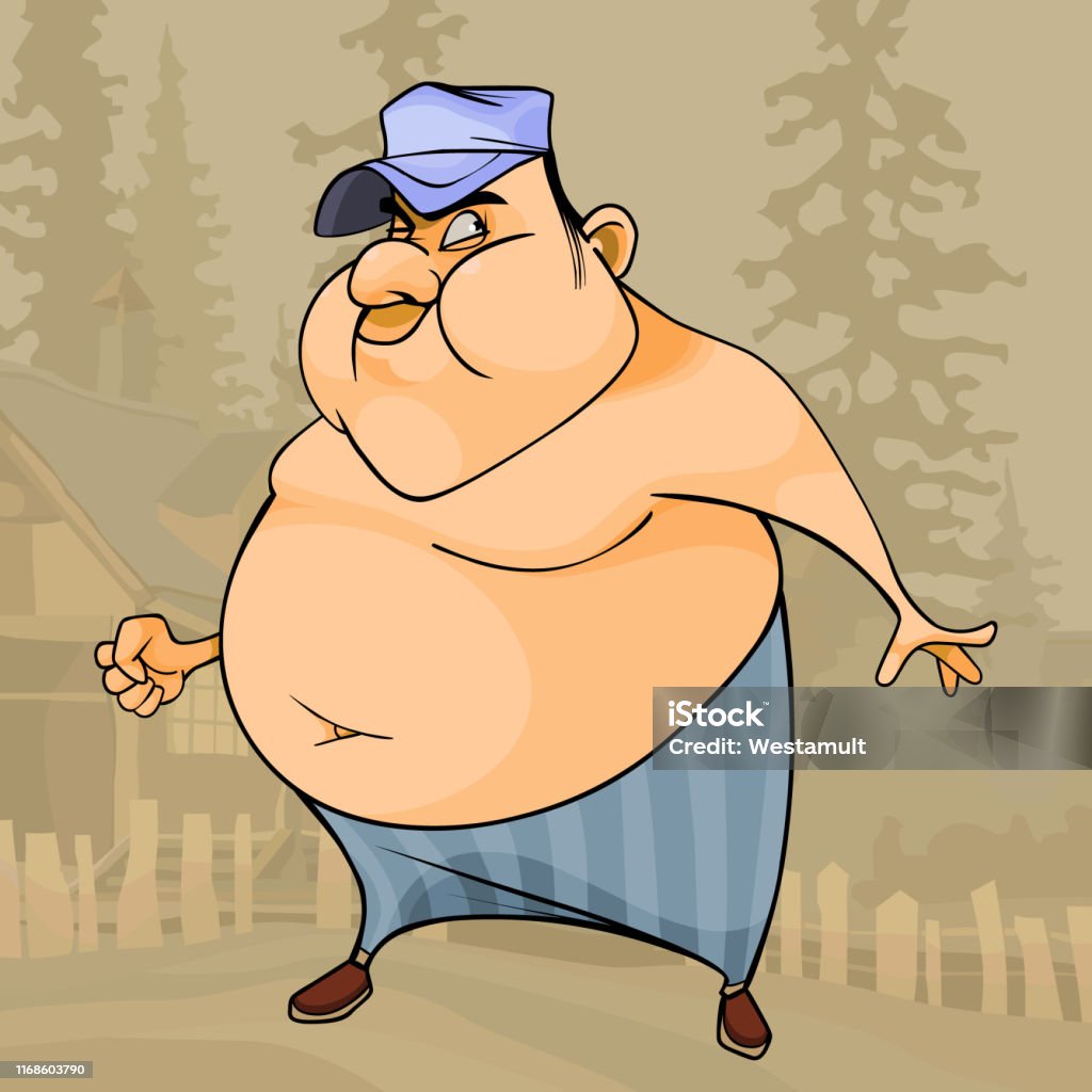 Cartoon Fat Big Bellied And Cheeky Man Looks Cunningly Stock Illustration -  Download Image Now - iStock