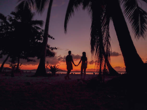 istock Couple watching sunset with palm trees in Palawan 1168604087
