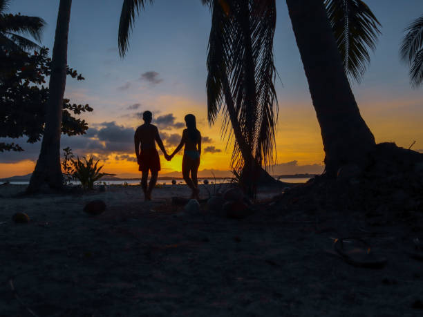 istock Couple watching sunset with palm trees in Palawan 1168604316