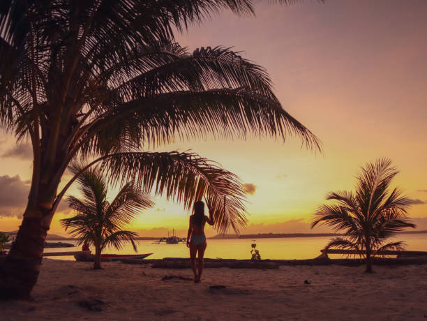 Tropical ocean sunset scene. Coconut tree growing near the ocean and a photographer photographing a yacht on an orange tropical sunset background
