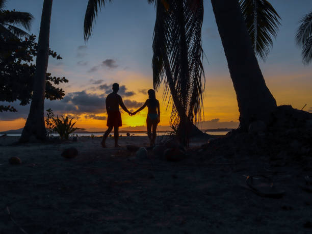 istock Couple watching sunset with palm trees in Palawan 1168605350