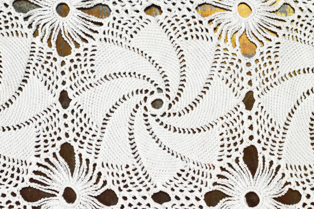 Close up of crocheted tablecloth