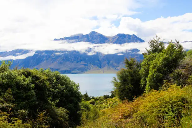 Photo of View over green grass and plants on lake with high rugged mountains background. Depp clouds hanging in mountain peak