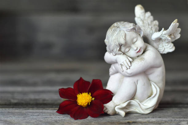 istock Angel and flower on wooden background 1168608058