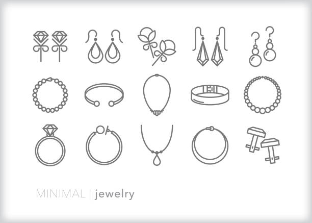 Jewelry line icon set Jewelry line icons of earrings, bracelets, rings and necklaces for dressing up or everyday use drop earring stock illustrations