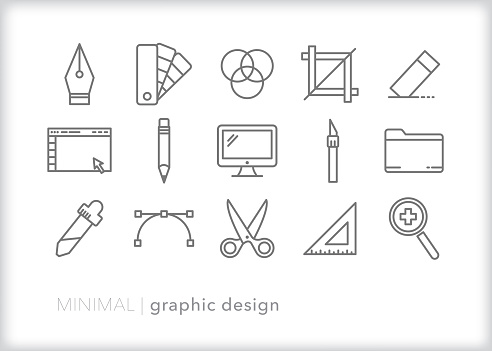 Set of 15 graphic design line icons of tools used to create computer art and layouts