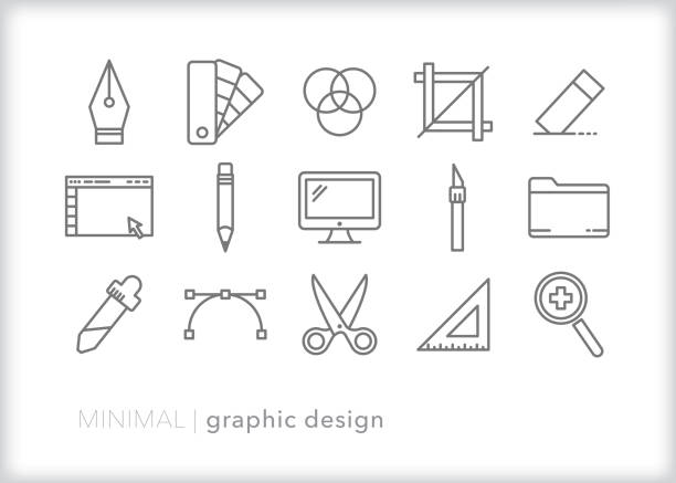 Graphic design line icon set Set of 15 graphic design line icons of tools used to create computer art and layouts pen designs stock illustrations