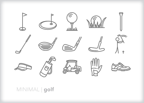 Set of 15 golf line icons of objects for playing a round or practicing on the putting green
