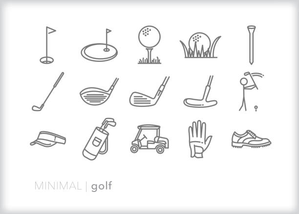 Golf line icon set Set of 15 golf line icons of objects for playing a round or practicing on the putting green golf glove stock illustrations