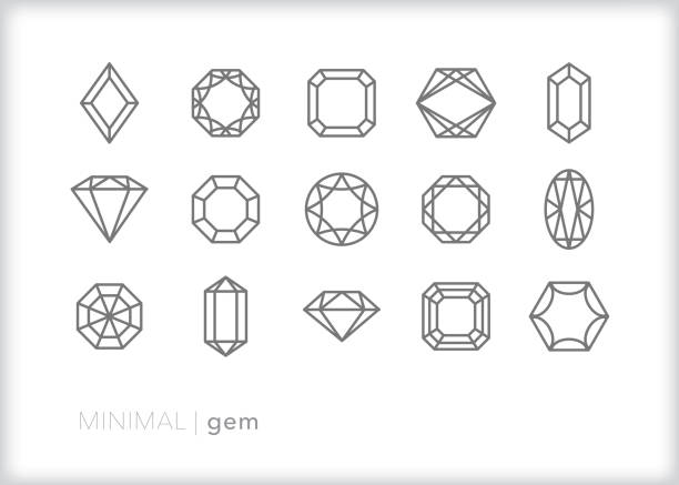 Gemstone line icon set Set of 15 gemstone line icons in different shapes and cuts for jewelry drop earring stock illustrations