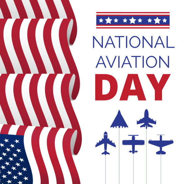 National Aviation Day in USA, celebrated in August. Silhouettes of passenger and military aircraft National Aviation Day in USA, celebrated in August. Silhouettes of passenger and military aircraft of the United States and flag of the United States. U.S. air force birthday concept for web, banner. air show stock illustrations