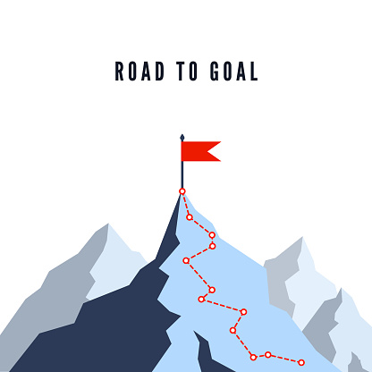 Success Route. Path to top of mountain. Business success plan. Mountain climbing route to peak. Flat Vector illustration