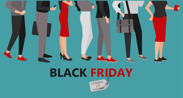 Black Friday Festive concept, banner for the holiday. Black Friday shopping queue. A crowd of people are waiting in line for a purchase. Black Friday. Vector illustration. crowd of people clipart stock illustrations