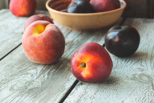 istock Ripe peaches and plums in a plate on a rustic background 1168616198