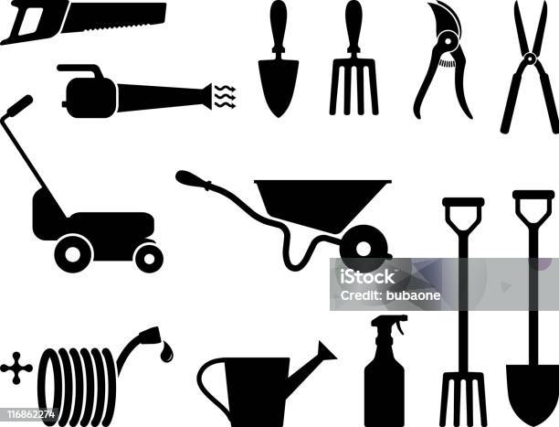 Gardening Tools Black And White Stock Illustration - Download Image Now - Mowing, Yard - Grounds, Lawn