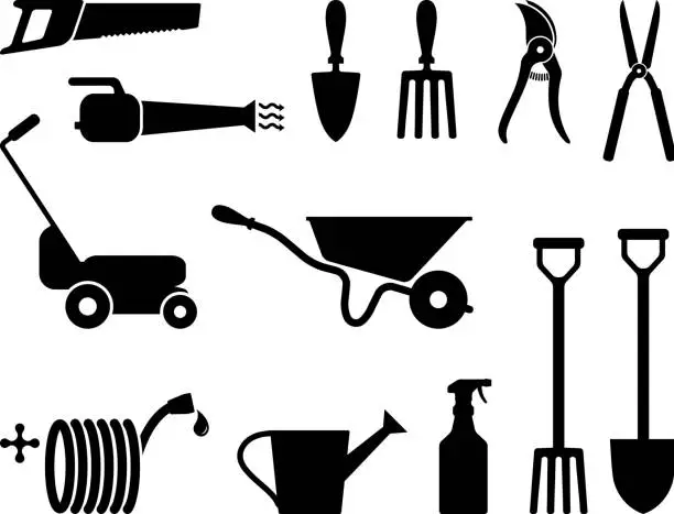 Vector illustration of Gardening tools black and white