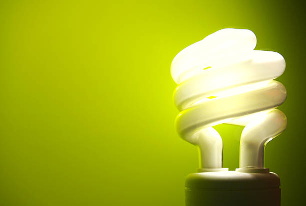 Green Light an energy saving light bulb on a green background. energy efficient lightbulb stock pictures, royalty-free photos & images