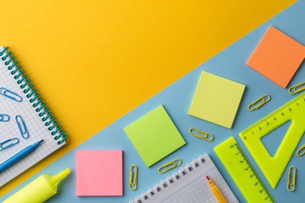 istock Notepad and colorful School stationery on colorful background 1168624833
