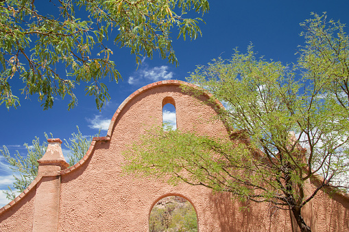 Heritage architecture at historic Mission San Xavier del Bac, a Spanish Catholic mission located outside Tucson, Arizona with a strong Spanish influence.