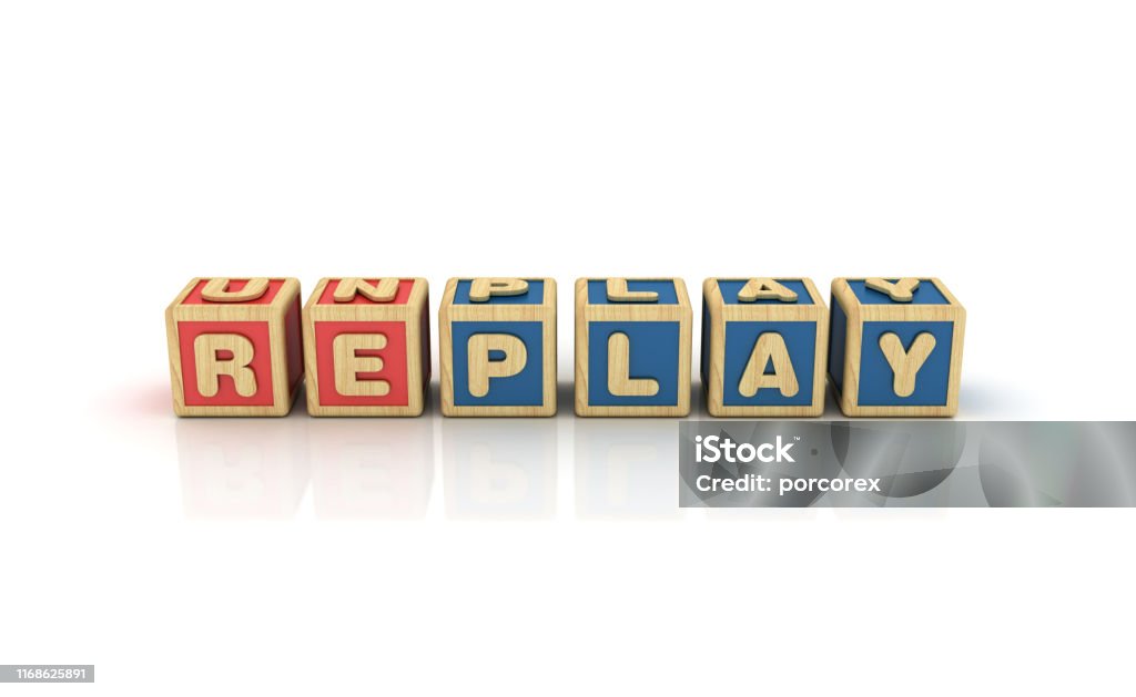 REPLAY/PLAY Buzzword Cubes - 3D Rendering REPLAY/PLAY Buzzword Cubes - White Background - 3D Rendering Replay Stock Photo