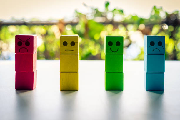 Four colorful block with different emotions on nature background, Customer satisfaction survey concept.