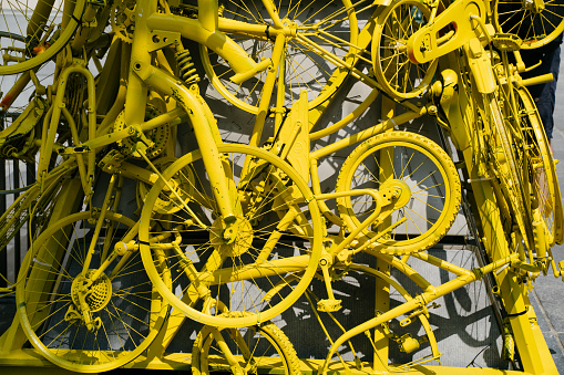 Brussels, Belgium - June 22, 2019: Part of yellow bikes arch for Tour de France 2019 in Brussels