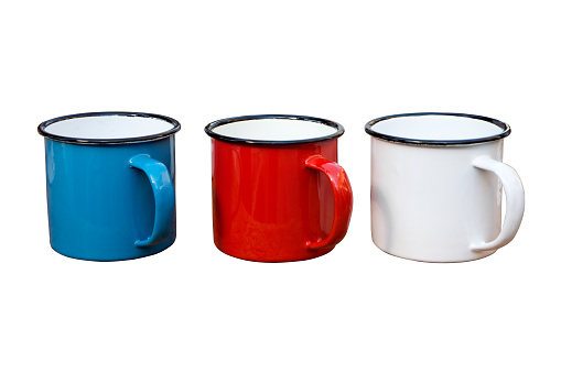 Blue,Red and White Enamel Mugs