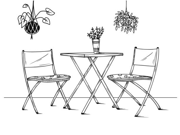 ilustrações, clipart, desenhos animados e ícones de jogo da mobília para o jardim. poltronas, sofá e mesa entre as plantas. ilustração do vetor no estilo do esboço - scandic