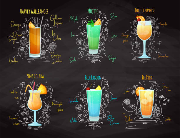 illustrations, cliparts, dessins animés et icônes de recettes pour différents cocktails. mojito, pina colada, blue lagoon et d'autres. illustration de vecteur - chalk drawing illustrations