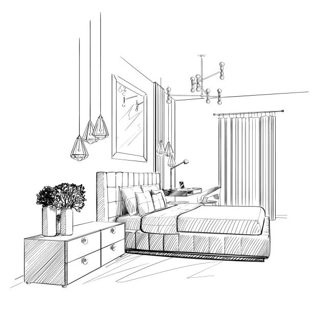 Bedroom interior vector sketch. Bedroom interior sketch. Vector illustration bedroom stock illustrations