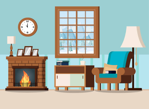 ilustrações de stock, clip art, desenhos animados e ícones de cozy home living room interior background with fireplace - fire place