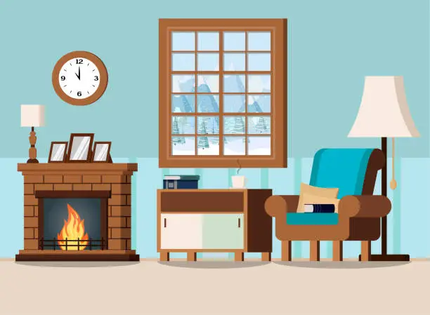 Vector illustration of Cozy home living room interior background with fireplace