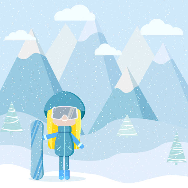 ilustrações de stock, clip art, desenhos animados e ícones de girl with snowbord equipment on resort vector illustration. - snowbord
