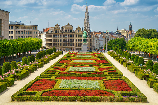 City of Brussels skyline in summer day. Cityscape view from Kunstberg, Mont des Arts to city hall and central old town. Belgium, Europe