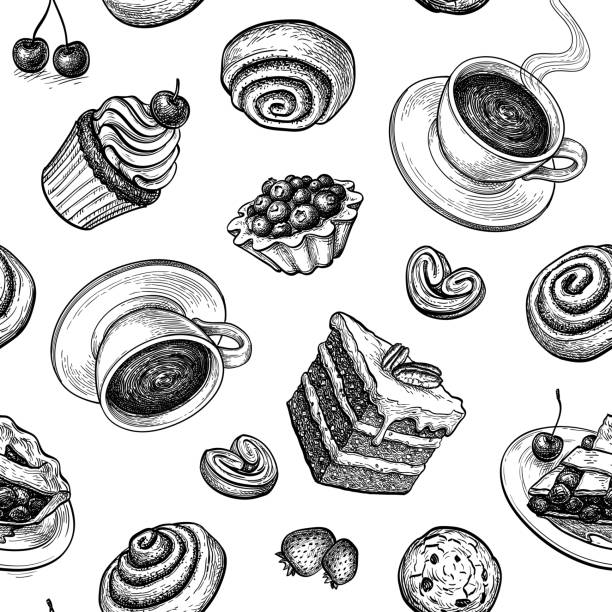 ilustraciones, imágenes clip art, dibujos animados e iconos de stock de patrón sin costuras con dulces y pasteles - muffin blueberry muffin cake pastry