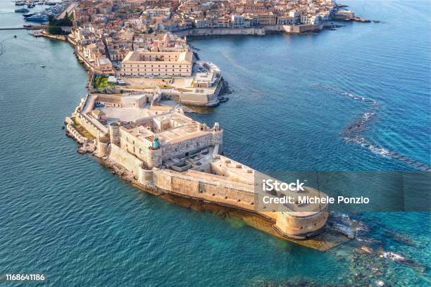 Syracuse Sicily Aerial View Of Maniace Fortress In Ortigia Stock Photo - Download Image Now